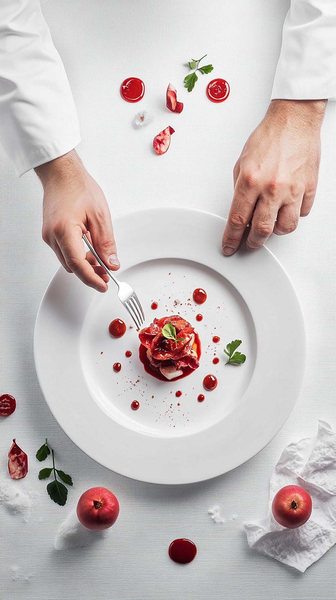 Chef arranges plated dish in elegant studio